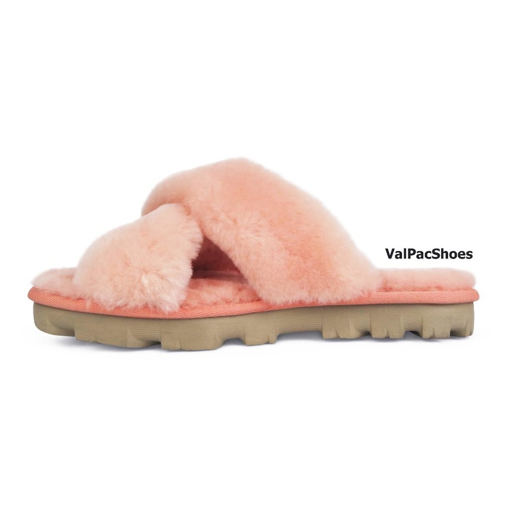 UGG Fuzzette Beverly Pink Criss Cross Strap Womens Fur Slippers - Picture 2 of 6